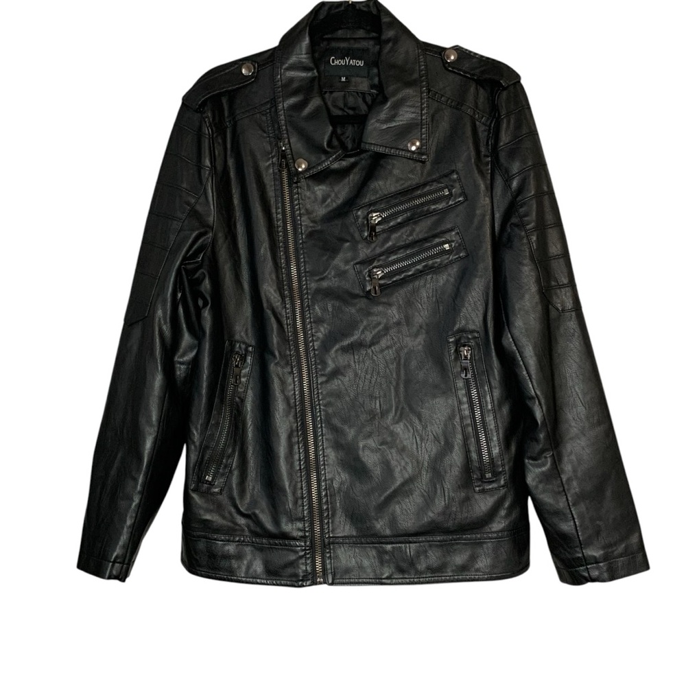 Chou Yatou black faux‎ leather motorcycle jacket w zipper detail vintage. Size M